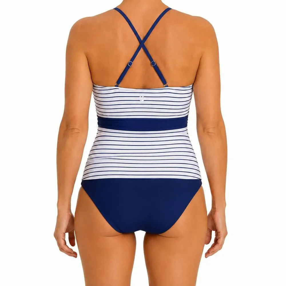 NEW Nani Swimwear Wrap-Tie Tankini Top Womens Large Pinstripe Swimsuit Swim Suit
